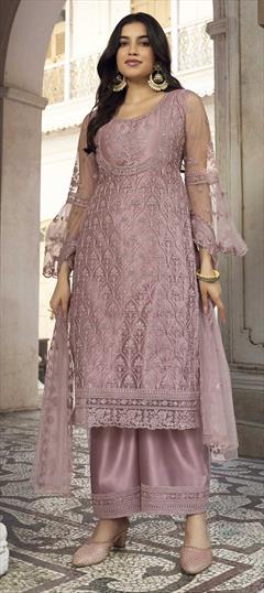 Festive, Reception Purple and Violet color Salwar Kameez in Net fabric with Palazzo Embroidered, Stone, Thread work : 1841515
