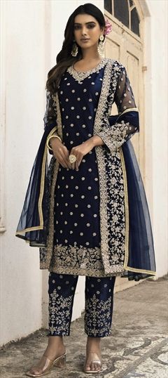 Festive, Reception Blue color Salwar Kameez in Net fabric with Straight Embroidered, Stone, Thread work : 1841517