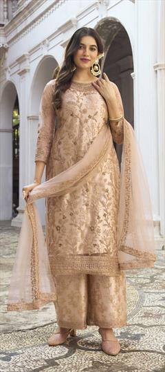 Festive, Reception Beige and Brown color Salwar Kameez in Net fabric with Palazzo Embroidered, Stone, Thread work : 1841519