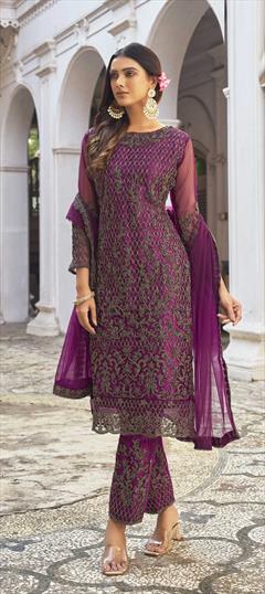 Festive, Reception Purple and Violet color Salwar Kameez in Net fabric with Straight Embroidered, Stone, Thread work : 1841522