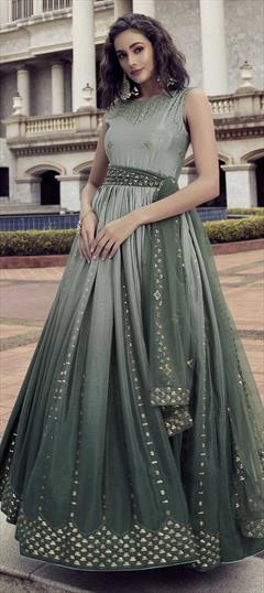 Festive, Reception Green color Gown in Art Silk fabric with Embroidered, Sequence, Thread work : 1841548