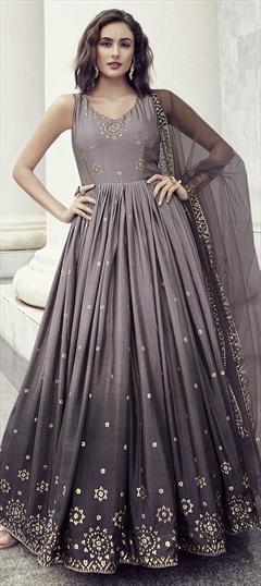 Festive, Reception Purple and Violet color Gown in Art Silk fabric with Embroidered, Sequence, Thread work : 1841550