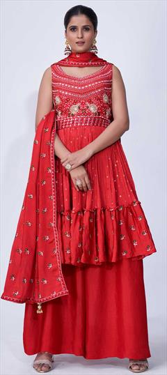 Festive, Reception Red and Maroon color Salwar Kameez in Chiffon fabric with Palazzo Mirror, Thread, Zari work : 1841551