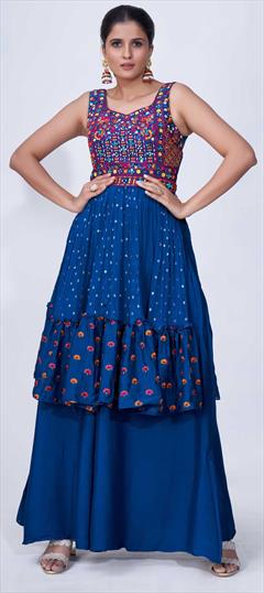 Festive, Reception Blue color Salwar Kameez in Chiffon fabric with Palazzo Mirror, Thread work : 1841552