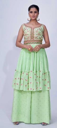 Festive, Reception Green color Salwar Kameez in Chiffon fabric with Palazzo Bugle Beads, Mirror, Thread work : 1841555