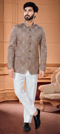 Beige and Brown color Jodhpuri Suit in Jacquard fabric with Broches, Weaving work : 1841752