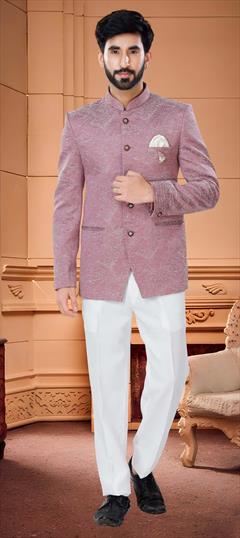 Pink and Majenta color Jodhpuri Suit in Jacquard fabric with Broches, Weaving work : 1841756