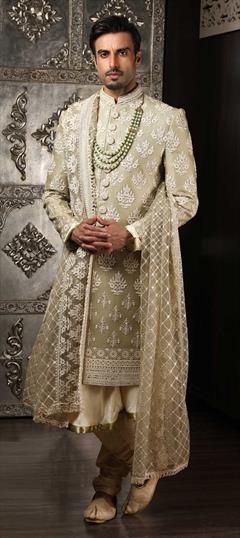 Beige and Brown color Sherwani in Art Silk fabric with Embroidered, Resham, Sequence, Thread work : 1841979