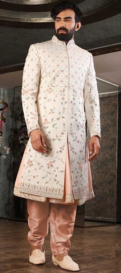Pink and Majenta, White and Off White color Sherwani in Art Silk fabric with Bugle Beads, Embroidered, Resham, Thread work : 1841982