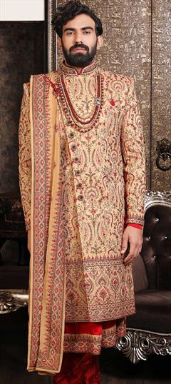 Beige and Brown color Sherwani in Art Silk fabric with Embroidered, Resham, Sequence, Thread work : 1841987