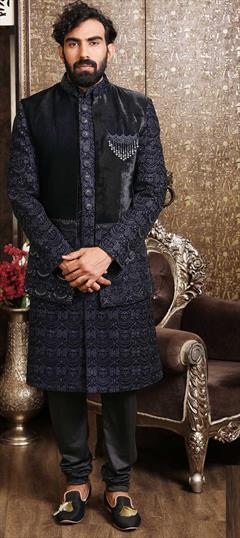 Blue color Sherwani in Art Silk fabric with Embroidered, Resham, Sequence, Thread work : 1841989