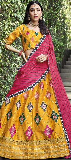 Festive, Reception Yellow color Lehenga in Silk fabric with A Line Embroidered, Sequence, Thread work : 1842125