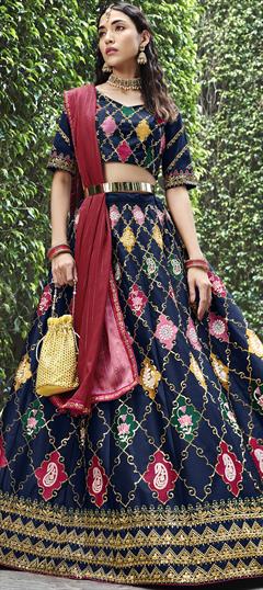 Festive, Reception Blue color Lehenga in Silk fabric with A Line Embroidered, Sequence, Thread work : 1842127
