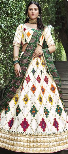Festive, Reception White and Off White color Lehenga in Silk fabric with A Line Embroidered, Sequence, Thread work : 1842128
