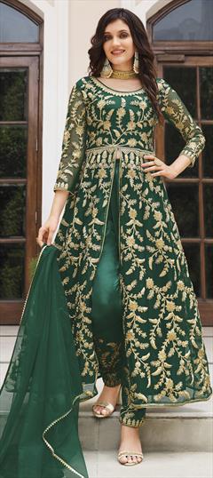 Engagement, Reception Green color Salwar Kameez in Net fabric with Slits Embroidered, Sequence, Thread work : 1842142