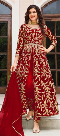 Engagement, Reception Red and Maroon color Salwar Kameez in Net fabric with Slits Embroidered, Sequence, Thread work : 1842143