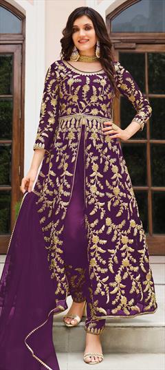 Engagement, Reception Purple and Violet color Salwar Kameez in Net fabric with Slits Embroidered, Sequence, Thread work : 1842144