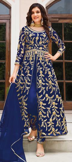 Engagement, Reception Blue color Salwar Kameez in Net fabric with Slits Embroidered, Sequence, Thread work : 1842145
