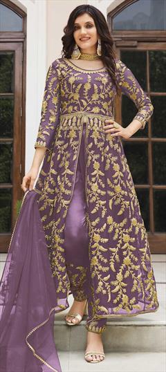 Engagement, Reception Purple and Violet color Salwar Kameez in Net fabric with Slits Embroidered, Sequence, Thread work : 1842146