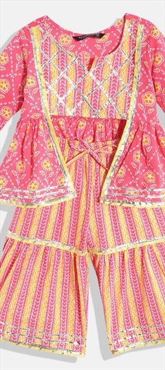 Pink and Majenta, Yellow color Girls Top with Bottom in Cotton fabric with Floral, Gota Patti, Printed work : 1842198