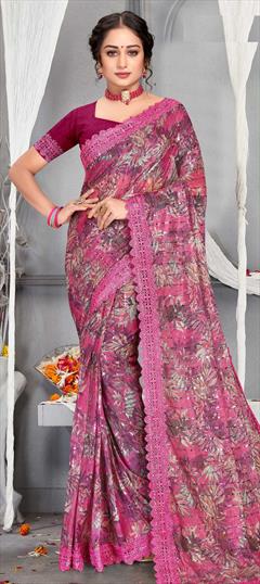 Festive, Reception Pink and Majenta color Saree in Net fabric with Classic Border, Digital Print, Sequence, Thread work : 1842280