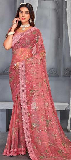 Festive, Reception Red and Maroon color Saree in Net fabric with Classic Border, Digital Print, Floral, Sequence, Thread work : 1842286
