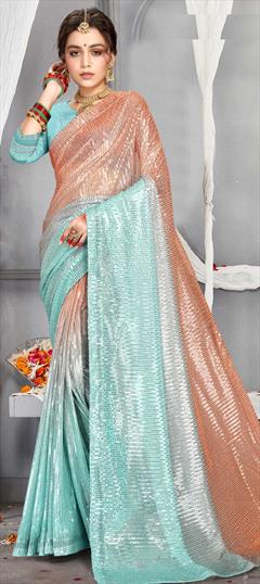 Festive, Reception Beige and Brown, Blue color Saree in Net fabric with Classic Sequence, Thread work : 1842288