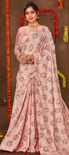 Festive, Reception Pink and Majenta color Saree in Net fabric with Classic Floral, Printed, Weaving work : 1842290