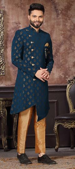 Blue color IndoWestern Dress in Jacquard fabric with Broches, Weaving work : 1842295