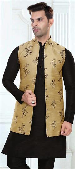 Beige and Brown color Nehru Jacket in Jacquard fabric with Weaving work : 1842610