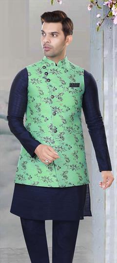 Green color Nehru Jacket in Jacquard fabric with Weaving work : 1842618