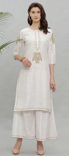 Party Wear White and Off White color Salwar Kameez in Dupion Silk fabric with Embroidered work : 1842624