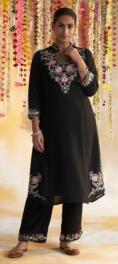 Party Wear Black and Grey color Salwar Kameez in Georgette fabric with Embroidered work : 1842626