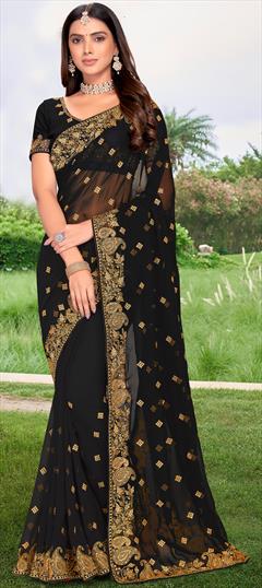 Festive, Reception Black and Grey color Saree in Georgette fabric with Classic Embroidered, Stone, Thread, Zari work : 1842701