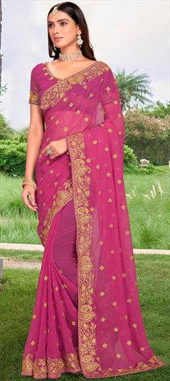 Festive, Reception Pink and Majenta color Saree in Georgette fabric with Classic Embroidered, Stone, Thread, Zari work : 1842715