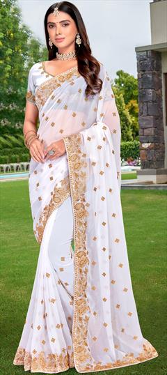 Festive, Reception White and Off White color Saree in Georgette fabric with Classic Embroidered, Stone, Thread, Zari work : 1842719