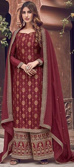 Party Wear Red and Maroon color Salwar Kameez in Jacquard fabric with Palazzo Embroidered, Stone, Weaving work : 1842781