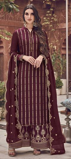 Party Wear Red and Maroon color Salwar Kameez in Jacquard fabric with Palazzo Embroidered, Stone, Weaving work : 1842786