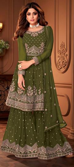 Bollywood Green color Salwar Kameez in Georgette fabric with Sharara Embroidered, Sequence, Thread, Zari work : 1842820