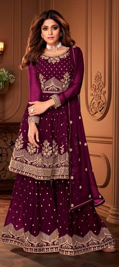 Bollywood Pink and Majenta color Salwar Kameez in Georgette fabric with Sharara Embroidered, Sequence, Thread, Zari work : 1842821