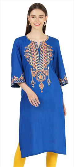 Designer Blue color Kurti in Cotton fabric with Long Sleeve, Straight Resham, Thread work : 1842827