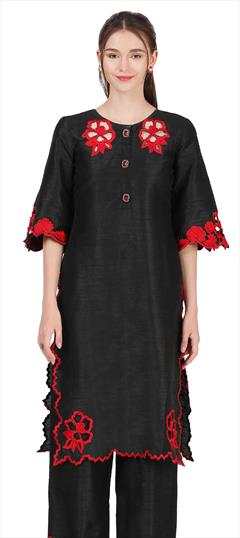 Designer Black and Grey color Kurti in Raw Silk fabric with Elbow Sleeve, Straight Embroidered, Resham, Thread work : 1842828