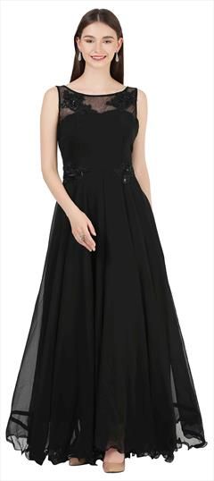 Designer, Festive Black and Grey color Gown in Georgette fabric with Bugle Beads, Sequence work : 1842829