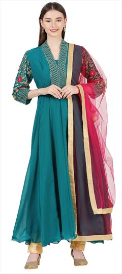 Designer, Festive Blue color Salwar Kameez in Georgette fabric with Anarkali Embroidered, Thread, Zari work : 1842830