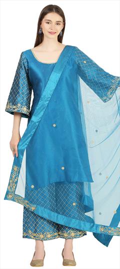 Designer, Festive Blue color Salwar Kameez in Raw Silk fabric with Palazzo, Straight Embroidered, Thread work : 1842832