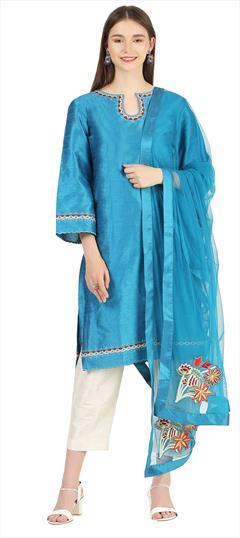 Designer, Festive Blue color Salwar Kameez in Raw Silk fabric with Straight Embroidered, Thread work : 1842833