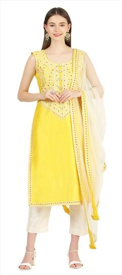 Designer, Festive Yellow color Salwar Kameez in Raw Silk fabric with Straight Embroidered, Thread work : 1842834