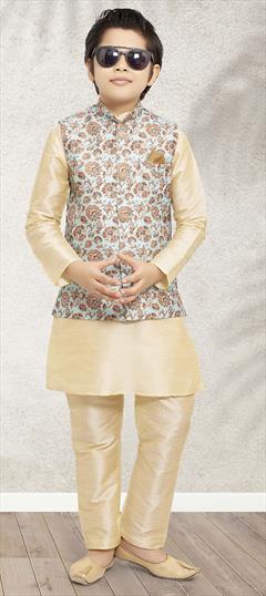 Beige and Brown color Boys Kurta Pyjama with Jacket in Art Silk fabric with Weaving work : 1842908