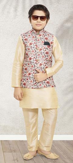 Beige and Brown color Boys Kurta Pyjama with Jacket in Art Silk fabric with Weaving work : 1842913