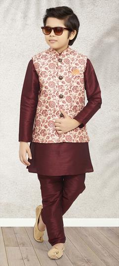 Red and Maroon color Boys Kurta Pyjama with Jacket in Art Silk fabric with Weaving work : 1842917